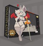 2026 anthro bikini blush breasts clothing collar digital_media_(artwork) english_text female final_fantasy fur grey_body grey_fur grey_hair hair hi_res holding_melee_weapon holding_object holding_sword holding_weapon legwear mammal melee_weapon membrane_(anatomy) membranous_wings moogle navel red_nose solo square_enix standing stockings swimwear sword text tgwonder two-piece_swimsuit weapon wide_hips wings