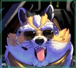 2026 anthro awoogasm big_cheeks canid canine clothed clothing electronics eyewear fangs fox fur hair headgear headphones headset headset_microphone headshot_portrait hi_res james_mccloud male mammal nintendo notched_ear open_mouth overweight overweight_anthro overweight_male portrait puffed_cheeks signature solo star_fox star_fox_(2026) sunglasses teeth tongue tongue_out whiskers