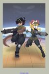 2026 2:3 absurd_res anthro black_bottomwear black_clothing black_gloves black_handwear black_nose black_pants black_shirt black_topwear blonde_hair blue_eyes bottomwear brown_body brown_fur bulge bulletproof_vest clothing contra duo eyewear eyewear_on_head femboy frown fur gloves goggles goggles_on_head green_bottomwear green_clothing green_gloves green_handwear green_hat green_headwear green_shorts green_topwear green_vest gun hair half-closed_eyes handwear hat headgear headwear hi_res holding_gun holding_object holding_ranged_weapon holding_weapon konami looking_away male mammal marvin_(mr-shin) midriff mouse mr-shin murid murine mustelid narrowed_eyes night_vision_goggles otter pants pink_nose pupils ranged_weapon river_otter rodent sci-fi_gun shin_(mr-shin) shirt shorts smile smirk sparkles tan_body tan_fur thick_thighs topwear vest weapon white_body white_fur
