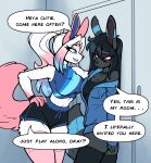 2026 ambris anthro anthrofied big_breasts biped blush bottomwear breast_squish breasts clothed clothed_anthro clothed_female clothing digital_drawing_(artwork) digital_media_(artwork) duo eeveelution english_text female fingers fully_clothed fully_clothed_anthro fully_clothed_female fur generation_2_pokemon generation_6_pokemon hair hi_res nintendo pokemon pokemon_(species) pokemorph smile squish standing sylveon tail teeth text tongue topwear umbreon