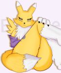 5:6 :3 anthro armwear bandai_namco barely_visible_genitalia barely_visible_vulva bedroom_eyes black_sclera blue_eyes bridal_gauntlets canid claws clothing digimon digimon_(species) dipstick_ears dipstick_tail ear_markings eclypsea female fur genitals hi_res leg_markings legs_together legs_up looking_at_viewer mammal markings multicolored_ears narrowed_eyes nude nude_anthro nude_female pink_background renamon seductive simple_background socks_(marking) solo tail tail_covering_crotch tail_markings thick_thighs vulva white_body white_fur yellow_body yellow_fur