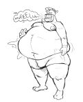 absurd_res anthro belly big_belly boxers_(clothing) bulge bulldog burp_cloud burping canid canine canis chest_tuft clothing disney domestic_dog goof_troop hat headgear headwear hi_res male mammal mastiff mature_male molosser monochrome moobs nipples obese obese_male overweight overweight_male pete_(disney) sodiux solo tuft underwear