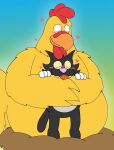 anthro avian bird black_body black_fur blush chicken domestic_cat duo ernie_the_giant_chicken eyes_closed family_guy fangs feathers felid feline felis fur galliform gradient_background grey_body grey_fur hands_on_arms heart_symbol hug male mammal nest phasianid pt80s0up scratchy_(the_simpsons) simple_background teal_background teeth tongue tongue_out yellow_body yellow_feathers