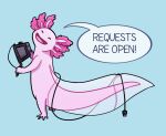 2019 4_fingers 4_toes ambiguous_anthro ambiguous_gender amphibian anthro aquatic axolotl blue_background cel_shading colored colored_line_art dialogue digital_drawing_(artwork) digital_media_(artwork) drawing_pen drawing_tablet english_description english_text exclamation_point eyes_closed feet fin fingers full-length_portrait happy head_tilt holding_drawing_pen holding_drawing_tablet light lighting long_tail lunareel mole_salamander no_eyebrows noseless nude nude_ambiguous nude_anthro open_mouth open_smile pink_body pink_line_art pink_skin pink_tail pink_tongue portrait salamander shaded simple_background smile smiling_at_viewer solo speech_bubble standing tail tail_fin tailbutt talking_to_viewer text toes tongue translucent_fin white_fin yelling yelling_at_viewer