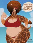 afro annoyed anthro beach belly big_belly big_breasts big_butt bikini bikini_bottom blush bra breasts brown_hair butt cigarette cleavage clothed clothing espectro111222 eye_through_hair fanning fanning_self female giraffe giraffid hair hand_on_hip hand_on_own_hip hi_res horn huge_belly huge_breasts huge_butt huge_hips huge_thighs looking_at_viewer mammal mature_anthro mature_female ossicone overweight overweight_anthro overweight_female sea smoking smoking_cigarette solo sports_bra swimwear tail tail_tuft talking_to_viewer thick_thighs translucent translucent_hair tuft two-piece_swimsuit underwear water wide_hips