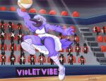 anthro avian basketball_uniform bird bottomwear camel_toe clothed clothing corvid corvus_(genus) daison_the_fox feathers female group hi_res jumping oscine passerine public raven skirt sportswear stadium underwear uniform upskirt violet_raven_(valkyries) wings