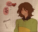 ambiguous_gender black_clothing black_shirt black_topwear brown_hair clothing deltarune dialogue dot_eyes duo embarrassed english_text freckles green_clothing green_sweater green_topwear hair half-closed_eyes heart_symbol hi_res human kris_dreemurr looking_down mammal narrowed_eyes shirt sillysadduck simple_eyes smile soul_(deltarune) soul_(undertale) speech_bubble sweater tan_body tan_skin text topwear undertale_(series) yellow_clothing yellow_sweater yellow_topwear