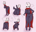 2022 anthro arachnid arthropod artist_name big_breasts big_butt black_eyes blush breasts butt cape cape_only cloak clothing eclypsea empty_eyes eyelashes featureless_crotch female glistening glistening_body grey_body hand_on_butt hand_on_hip hand_on_knees hand_on_legs hi_res hollow_knight_(franchise) hornet_(hollow_knight) knees_up knock-kneed leaning leaning_forward legs_up looking_at_viewer looking_back looking_back_at_viewer mostly_nude mostly_nude_anthro mostly_nude_female multiple_poses nipples pink_background pose presenting_crotch red_cloak red_clothing simple_background sitting small_waist solo spider team_cherry text thick_thighs thigh_gap thighs_together white_head wide_hips