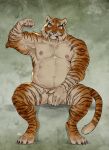 2026 absurd_res ama_dench_art anthro arm_tuft balls biceps claws covering covering_crotch digital_media_(artwork) dipstick_tail elbow_tuft felid finger_claws flexing flexing_bicep full-length_portrait fur genitals grin hi_res looking_at_viewer male mammal markings musclegut muscular muscular_anthro muscular_male navel nipples nude nude_anthro nude_male orange_body orange_fur pantherine portrait signature simple_background sitting smile solo stripes tail tail_markings teeth textured_background tiger toe_claws tuft whisker_spots whiskers white_body white_fur