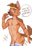 5_fingers accessory anthro blush brown_body brown_fur brown_hair brown_markings bubble_butt butt canid canine clothed clothing dreamworks english_text fingers flippy1302 forgotten_island fur hair headband hi_res legwear male mammal markings mostly_nude navel nervous one_ear_up pawpads pecs raww_(forgotten_island) simple_background small_waist solo sparkles standing stripes tail text thigh_highs topless werecanid werecanine werecreature white_background