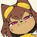 >:3 1:1 2026 4chan_anon anthro brown_body brown_fur brown_hair bruised domestic_cat eyewear eyewear_on_head felid feline felis female fur gameoverse glitch_productions goggles goggles_on_head hair headshot_portrait kit_bodega looking_at_viewer mammal portrait pupils slit_pupils smug solo unknown_artist