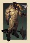 abs animal_genitalia anthro axe balls battle_axe border bovid bovine brown_body brown_fur cattle clenched_teeth dragon eyes_closed fully_sheathed fur genitals gradient_background green_background hi_res hooves horn hybrid male male_anthro mammal multicolored_body multicolored_fur muscular muscular_anthro muscular_male mythological_creature mythological_scalie mythology nipples nude nude_anthro nude_male pecs roamingthrough scalie scar sharp_teeth sheath simple_background solo standing tail tail_tuft tan_background tan_body tan_border teeth tuft weapon