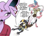 2026 ambiguous_gender anthro black_body black_fur black_nails blush bodily_fluids canid canine claw_marks clothing colored_nails cross-popping_vein crying dragging ear_piercing ear_ring ear_tuft eeveelution english_text espeon forehead_gem fur gem generation_2_pokemon generation_6_pokemon group harmony_scarf hi_res kerchief lucky_(odeko-yma) lying male mammal multicolored_body multicolored_fur nails nintendo odeko-yma on_front piercing pink_body pink_fur pix_(odeko-yma) pokemon pokemon_(species) pokemon_mystery_dungeon purple_body purple_eyes purple_fur ring_piercing simple_background speech_bubble spike_chunsoft standing sylveon tail tears text trio tuft umbreon whimper white_background white_body white_fur