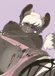 2026 anthro aurichalcite black_vulva clothing distracting_watermark ear_piercing english_text female fluffy fluffy_tail genital_focus genital_piercing genitals hair hi_res looking_at_viewer low-angle_view panties piercing pink_clothing pink_panties pink_underwear presenting presenting_vulva purple_eyes smile smiling_at_viewer solo tail text tongue tongue_out underwear vulva watermark white_hair
