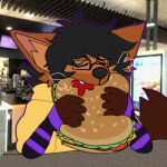 1:1 anthro armwear brown_body brown_fur burger canid canine clothing eating eyewear fast food fox fur glasses jacket jonax_brown-fox low_res male mammal mcdonald's solo topwear wuvbyte yellow_clothing yellow_jacket_(clothing) yellow_topwear