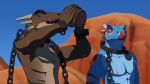 16:9 3d_(artwork) abs anthro athletic athletic_anthro athletic_male bdsm black_markings blender_(artwork) blender_eevee_(artwork) blue_body blue_eyes blue_skin blue_sky bondage bound brown_body brown_skin cel_shading chain chain_leash chained claws container cuff_(restraint) cup cut_horn day desert digital_media_(artwork) drinking duo eyes_closed forced_labor hi_res hill horn kii-nam_(skythe) leash lizard lock looking_at_another male markings mitokep onase open_mouth outside padlock padlocked_collar red_markings reptile restraints rock scalie shackles shaded sky slave teeth whip_mark white_body widescreen
