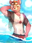 2026 3:4 anthro arvo_(artist) belly black_clothing black_shirt black_topwear blue_sky body_hair bottomwear bottomwear_pull bright bulge chest_hair chest_tuft civet clothed clothing clothing_pull cloud cloudy_sky digital_media_(artwork) dripping ear_piercing ear_ring eyewear eyewear_on_head fur glistening hair hand_behind_head hi_res jewelry lens_flare looking_aside looking_offscreen male mammal markings nature necklace neru_michishige open_clothing open_shirt open_topwear outside partially_submerged pecs piercing pink_body pink_fur pubes raised_arm red_body red_bottomwear red_clothing red_ears red_eyes red_fur red_hair red_nose red_speedo red_swimwear ring_piercing sea shark_tooth_necklace shirt sky slim slim_anthro slim_male smile solo speedo spots spotted_body spotted_fur standing striped_body striped_fur striped_markings striped_tail stripes sun sunglasses sunglasses_on_head sunny swimwear swimwear_pull tail tail_markings tan_belly tan_body tan_chest tan_fur tan_inner_ear teeth_showing topwear translucent translucent_clothing translucent_shirt translucent_topwear tuft underwater viverrid water wearing_sunglasses wet