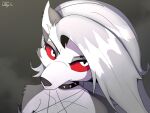 2022 4:3 anthro canid canid_demon canine clothing collar demon digital_media_(artwork) doylecoati ear_piercing ear_ring eyebrow_piercing facial_piercing female fur grey_body grey_fur grey_hair hair headshot_portrait hellaverse hellhound helluva_boss loona_(helluva_boss) mammal mythological_canine mythological_creature mythology piercing portrait red_sclera ring_piercing solo spiked_collar spikes topwear white_body white_eyes white_fur
