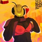 1:1 antennae_(anatomy) anthro arthropod bee benzfur black_body bumble_bee_(species) city clothed clothing clothing_lift female heart_symbol hi_res hymenopteran insect lingerie looking_at_viewer mandibles shirt shirt_lift solo sun text topwear translucent translucent_clothing