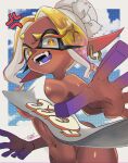 animal_humanoid aquatic aquatic_humanoid big_breasts blonde_hair breasts cephalopod cephalopod_humanoid convenient_censorship cross-popping_vein cross_pupils dark_body dark_skin ear_piercing eyelashes female front_view frye_(splatoon) hair hi_res humanoid humanoid_pointy_ears inkling kizaki104 looking_at_viewer mollusk mollusk_humanoid navel nintendo nude open_mouth piercing pointy_ears pseudo_hair purple_tongue reaching_towards_viewer solo splatoon squid_humanoid tentacle_hair tentacles thick_thighs tongue wide_hips yellow_eyes