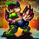 1:1 2026 4_fingers anthro arm_on_thigh arm_tuft avian backlighting bangs beak bedroom_eyes big_butt bird blue_bottomwear blue_clothing blue_pants bottom_heavy bottomwear brick brick_wall brown_body brown_feathers brown_hair butt chloe_(spdy4) chloe_ramirez clothing concrete_floor crop_top crouching devil_horns_(gesture) digital_media_(artwork) dumpster eyebrows feathers female fingers footwear forced_perspective gesture ghetto glowing gradient_eyes graffiti graffiti_on_wall green_clothing green_highlights hair half-turned hand_gesture hat headgear headwear hi_res highlights_(coloring) jogging_pants latina light lighting logo logo_on_clothing long_beak looking_at_viewer magenta_eyes markings maroon_markings multicolored_beak multicolored_body multicolored_feathers narrowed_eyes orange_eyes orange_eyeshadow orange_glow pants pose raised_eyebrow rear_view sandpiper seductive shaded shadow shirt shoe_sole_pattern shoe_soles shoes shorebird shoulder_tuft smile smirk sneakers solo spdy4 stretched_clothing stylized_background tail tail_feathers tan_body tan_feathers three-quarter_view three_tone_clothing three_tone_shoes tire topwear tribal tribal_markings tuft twerking urban urban_background wall_(structure) wide_hipped_female wide_hips winged_arms wings woodcock