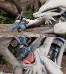 2016 2_panel_comic 3d_(artwork) ambiguous/ambiguous ambiguous_gender anthro blender_(artwork) blender_cycles_(artwork) blue_eyes bodily_fluids carrying_another comic dangling digital_media_(artwork) extreme_size_difference feral generation_4_pokemon generation_5_pokemon grinning_at_another hakhop hi_res high-angle_view imminent_vore legendary_pokemon lucario mouth_shot nintendo open_mouth pokemon pokemon_(species) reshiram saliva sharp_teeth side_view size_difference teeth temple tongue