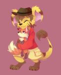 2014 ambiguous_gender anthro barefoot black_nose bottomwear brown_body brown_clothing brown_fur brown_hair brown_hat brown_headwear canid canine clothed clothing darmp digital_media_(artwork) digital_painting_(artwork) digitigrade duo eyes_closed feet feral fox fully_clothed fur hair hat headgear headwear hi_res hindpaw holding_another holding_feral jacket jakkai looking_up_at_another male mammal orange_body orange_fur painting_(artwork) paws purple_background red_clothing red_fox red_jacket red_topwear shaded short_hair shorts simple_background size_difference slightly_damned smile snout standing tail tail_tuft tan_bottomwear tan_clothing tan_shorts topwear true_fox tuft white_body white_fur yellow_body yellow_fur