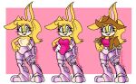bunnie_rabbot clothing clownkidsquid cybernetic_arm cybernetic_leg cybernetic_limb eyelashes female fur green_eyes hair hat headgear headwear hi_res jacket lagomorph leporid mammal multiple_poses pink_background ponytail pose rabbit rabbit_ears scut_tail sega short_tail simple_background solo sonic_the_hedgehog_(series) tail topwear yellow_body yellow_fur