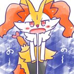 1:1 2024 ambiguous_anthro ambiguous_gender annyui0611 anthro biped blush blush_stickers bodily_fluids braixen canid digital_drawing_(artwork) digital_media_(artwork) dipstick_tail drooling food front_view generation_6_pokemon half-closed_eyes hi_res japanese_description japanese_text leaning leaning_forward looking_at_viewer mammal markings narrowed_eyes nintendo no_pupils object_in_tail open_mouth pokemon pokemon_(species) portrait saliva shrimp_(food) simple_background solo standing tail tail_markings text three-quarter_portrait translated translated_description