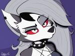 2021 4:3 anthro breasts canid canid_demon canine clothing collar demon digital_media_(artwork) doylecoati ear_piercing ear_ring eyebrow_piercing facial_piercing female fur grey_body grey_fur grey_hair hair headshot_portrait hellaverse hellhound helluva_boss loona_(helluva_boss) mammal mythological_canine mythological_creature mythology piercing portrait red_sclera ring_piercing solo spiked_collar spikes topwear white_body white_eyes white_fur