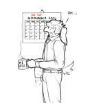 2021 accessory anthro avian beak belt biped bird bodily_fluids bottomwear bulge calendar clothing coffee_mug dialogue english_text feathers flamie_(marvolk) hair hi_res male male_anthro marvolk meme necktie no_nut_november pants ponytail reading shirt side_view sketch slim slim_anthro slim_male solo steam sweat sweatdrop tail tail_feathers text topwear