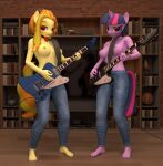 3d_(artwork) absurd_res adagio_dazzle_(eg) anthro bookshelf bottomwear brick brick_wall chord clothed clothing colored_nails denim denim_bottomwear denim_clothing digital_media_(artwork) duo earth_pony electric_guitar entertainment_center equestria_girls equid equine feet female friendship_is_magic furniture gilo_(artist) guitar hasbro hi_res horn horse jeans mammal musical_instrument my_little_pony mythological_creature mythological_equine mythology nails pants plucked_string_instrument pony string_instrument topless twilight_sparkle_(mlp) unicorn wall_(structure)