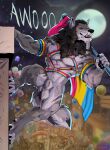 4_toes 5_fingers animal_genitalia anthro awoo balloon balls black_mane black_nose canid canine claws eyes_closed fangs feet finger_claws fingers full_moon fur furgonomic_piercing furgonomics genital_piercing genitals grey_body grey_fur harness hi_res hindpaw howl humanoid_hands inflatable leather leather_harness lgbt_pride male mammal mane mjodvitnir moon muscular muscular_anthro muscular_male mythological_canine mythological_creature mythology night nude nude_anthro nude_male outdoor_nudity outside paws piercing pride_colors rainbow_flag rainbow_harness rainbow_pride_flag rainbow_symbol ring_piercing scrappyvamp sheath sheath_piercing sheath_ring solo tail teeth toe_claws toes werecanid werecanine werecreature werewolf