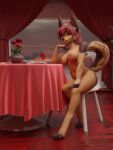 2026 3:4 3d_(artwork) absurd_res alcohol anthro ayn_(fluff-kevlar) beverage black-backed_jackal blep blue_eyes breasts brown_body canid canine canis casual_nudity digital_media_(artwork) diner ear_piercing ear_ring facial_piercing female fingers hair hi_res jackal labret_piercing lip_piercing mammal navel navel_piercing nipples nude piercing princess red_hair restaurant ring_piercing royalty solo tail tongue tongue_out vilygota wine