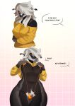 anthro areola badger binturong bra_strap_showing_(meme) breasts camel_toe clothed clothing clothing_lift dialogue digital_media_(artwork) duo english_text female fingers fur g-string hair hair_over_eye hi_res hybrid mammal meme mustelid musteline navel neisa offscreen_character one_eye_obstructed roshe_(neisa) standing text topwear topwear_lift underwear viverrid