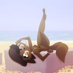 1:1 2026 anthro audrey_(pusszone) beach beret biped blue_eyes brown_body canid canine cigarette clothing collar eyelashes eyewear female fluffy fluffy_tail fox hat headgear headwear hi_res lying mammal mostly_nude on_back outdoor_nudity paws pusszone sand slim_female small_waist smoking smoking_cigarette solo sunglasses tail thick_thighs wearing_sunglasses wristband