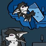 1:1 2026 3_fingers 4_ears ambiguous_gender anthro avali avian bed bird black_body black_feathers black_fur black_sclera chest_tuft chibi colored countershading digital_drawing_(artwork) digital_media_(artwork) drinking_water feathered_wings feathers fenya208 fingers fur furniture furniture_lamp fyr_(fenrir784) glass hair half-closed_eyes inside lamp lying meme multi_ear narrowed_eyes nightstand nude on_bed open_mouth pillow restricted_palette simple_background solo thinking thought_bubble thoughtful_expression tuft tufted_fur under_covers water water_glass white_body white_feathers white_fur winged_arms wings
