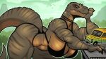 16:9 4k absurd_res ambiguous_gender ambiguous_human anthro arm_support avian barrier big_breasts big_butt bird black_bra black_clothing black_lingerie black_thong black_underwear bra breasts butt car claws clenched_teeth clothing cloud dinosaur female green_body green_scales group head_on_hand hi_res huge_breasts human humanoid jurassic_park larger_female leaning_on_elbow lingerie looking_back male mammal mister_feelgood muscular muscular_anthro muscular_arms muscular_female muscular_legs plant prehistoric_species pupils reptile rexy_(jurassic_park) road saurischian scales scalie scared sharp_teeth size_difference slit_pupils smaller_human staring_at_chest stripes tail teeth theropod thick_thighs thinking thong tree trio tyrannosaurid tyrannosauroid tyrannosaurus tyrannosaurus_rex underwear universal_studios vehicle volcano widescreen