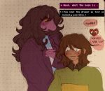 ambiguous_gender anthro black_clothing black_eyes black_hair black_shirt black_topwear blue_clothing blue_shirt blue_topwear blush bodily_fluids clothed clothing deltarune dialogue embarrassed english_text female green_clothing green_sweater green_topwear group hair hi_res human jacket kris_dreemurr lizard long_hair looking_down mammal non-mammal_hair open_clothing open_jacket open_topwear purple_body purple_clothing purple_jacket purple_scales purple_topwear reptile scales scalie shirt sillysadduck soul_(deltarune) soul_(undertale) speech_bubble susie_(deltarune) sweat sweater text topwear trio undertale_(series) white_clothing white_shirt white_topwear yellow_clothing yellow_sclera yellow_sweater yellow_topwear