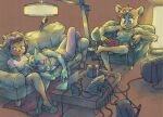 amplifier arm_tattoo athletic_wear blonde_hair blue_body blue_eyes blue_fur blush blush_lines bottomwear bovid bra brown_body brown_fur bulge_under_clothes caprine chair chest_binder clothing coffee_cup coffee_table computer container cup ear_piercing ear_ring electric_guitar electronics felid feline female floor_lamp footwear fur fur_tuft furniture green_eyes group guitar guitar_amp guitar_pick gym_bottomwear gym_shorts hair hi_res horn katy_kat lammy_lamb lamp laptop laying_on_another laying_on_sofa lying ma-san male mammal microphone mixing_console mouse murid murine musical_instrument nicotine_patch on_back pants parappa_the_rapper piercing plucked_string_instrument purple_eyes recliner red_hair ring_piercing rodent rug sandals sheep shirt shoes shorts slippers sofa sony_corporation sony_interactive_entertainment sports_bra string_instrument t-shirt table tan_body tan_fur tank_top tattoo topwear trans_(lore) trans_man_(lore) trans_woman_(lore) trio tuft um_jammer_lammy underwear whiskers yoga_pants zottgrammes