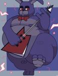 2024 anthro belly belly_overhang big_belly blue_body blue_nipples bonnie_(fnaf) bow_tie bow_tie_only buckteeth countershade_torso countershading digital_media_(artwork) electric_guitar feet five_nights_at_freddy's full-length_portrait guitar hi_res huge_hips huge_thighs jellybru lagomorph leporid lidded_eyes love_handles male mammal moobs mostly_nude musical_instrument nipples obese obese_anthro obese_male on_one_leg overweight overweight_anthro overweight_male pixel_(artwork) playing_guitar playing_music plucked_string_instrument portrait rabbit red_eyes scottgames signature simple_background soles solo sparks standing string_instrument teeth thick_thighs wide_hips