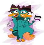 alternate_universe anthro asexual_pride_colors disney duo hi_res lgbt_pride lgbt_pride_month male mammal monotreme perry_the_platypus phineas_and_ferb platislut platypus pride_colors rainbow_pride_colors rocky_rakoon signature square_crossover tail teal_body