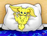 animal_genitalia anus balls big_ears domestic_cat felid feline felis feral fully_sheathed fur furry_balls furry_sheath genitals hi_res hybrid lagomorph leporid looking_at_viewer lying_on_pillow male mammal nude penis pillow rabbit reclining sheath solo sparkz spread_legs spreading tapering_penis twotails yellow_body yellow_fur