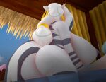 3d_(artwork) anthro bath big_breasts big_butt biped breasts butt casual_nudity digital_media_(artwork) ear_piercing ear_ring equid equine female grey_body hair hi_res huge_breasts mammal nipples nude partially_submerged piercing purplefondue ring_piercing solo striped_body stripes summer swimming_pool thick_thighs water zebra