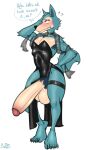 2023 5_toes anthro armpit_hair balls beastars big_balls big_penis black_clothing black_dress black_nose blue_body blue_fur blush bobthetanuki body_hair canid canine canis claws clothing dialogue dress embarrassed english_text exposed feet femboy fur furry_tail genitals glans glitter hand_on_face hi_res huge_penis hyper hyper_genitalia hyper_penis legoshi_(beastars) light_body light_skin looking_at_viewer makeup male mammal nipple_outline penis penis_poking_out pubes slim_anthro slim_male small_waist snout solo tail talking_to_viewer text toes wolf