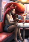ahya_(legend_of_ahya) anthro askalin beverage book booth booth_seating bottomwear breasts canid canine canis car clothing coffee coffee_cup container crop_top cup dessert diner drinking drinking_straw evening female food fruit furniture heterochromia hi_res hotpants ice_cream ice_cream_sundae legend_of_ahya light mammal midriff parfait_(dessert) plant reading reading_book restaurant shirt shorts sign sipping solo strawberry sundae table tail tail_mouth taylor_renee_wolford_(darkflamewolf) topwear unusual_anatomy unusual_tail vehicle window wolf