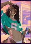anthro athletic beverage bikini black_hair bracelet breasts brown_body brown_eyes brown_fur chin_piercing clothed clothing colored crop_top crotch_tuft digital_media_(artwork) ear_piercing ear_ring euplerid eyewear eyewear_on_head facial_piercing female fossa fudgebane fur grand_theft_auto_vi green_clothing green_crop_top green_shirt green_topwear gta_vi_cover_girl hair half-length_portrait hi_res holding_beverage holding_object jewelry long_hair mammal meme midriff navel navel_piercing necklace nose_piercing piercing portrait red_bull ring_piercing shaded shirt solo standing sunglasses sunglasses_on_head swimwear tail topwear tuft two-piece_swimsuit wearing_sunglasses whiskers white_bikini white_clothing white_swimwear