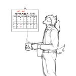 2021 accessory anthro avian beak belt bird bottomwear calendar clothing coffee_mug english_text feathers flamie_(marvolk) hair hi_res male marvolk meme necktie no_nut_november pants ponytail shirt side_view sketch slim slim_anthro slim_male solo steam tail tail_feathers text topwear