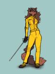 2025 3:4 accessory anthro belt blue_background breasts brown_body brown_ears brown_hair brown_tail claws clothing colored_sketch facial_markings female flat_colors footwear furgonomic_footwear furgonomics hair hand_behind_back head_markings hi_res holding_melee_weapon holding_object holding_weapon jumpsuit kill_bill long_hair looking_forward mammal markings mask_(marking) melee_weapon phol procyonid raccoon raccoon_tail rapier roquet serious serious_face shoelaces shoes simple_background sketch slim small_waist solo standing sword tail tail_accessory tailband tall team_fortress_2 two_tone_tail unzipped_bodysuit valve wavy_hair weapon yellow_belt yellow_clothing yellow_footwear yellow_outfit yellow_shoes