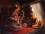 2023 abs anthro anthro_on_top anthro_penetrated areola arm_tuft being_watched biceps black_nose blonde_hair blurred_background breasts crossed_arms detailed detailed_fur digital_media_(artwork) digital_painting_(artwork) digitigrade dominant dominant_anthro dominant_female duo_focus elbow_tuft faceless_character faceless_human faceless_male female female_anthro female_on_human female_on_top female_penetrated fur glowing glowing_eyes gnoll group guide_lines hair hi_res human human_on_anthro human_on_bottom human_penetrating hyena inside interspecies larger_female leg_tuft looking_at_another looking_down lying male male/female male_human male_on_anthro male_on_bottom male_penetrating male_penetrating_female mammal mane markings meandraco muscular muscular_female nude nude_anthro nude_female nude_human nude_male obscured_penetration on_back on_bottom on_top painting_(artwork) paws penetration pink_sclera red_theme reverse_amazon_position rug sex shaded short_hair size_difference smaller_male smile soft_shading spots spotted_body spotted_fur submissive submissive_human submissive_male tail tent thick_neck top_heavy tuft yellow_body yellow_fur